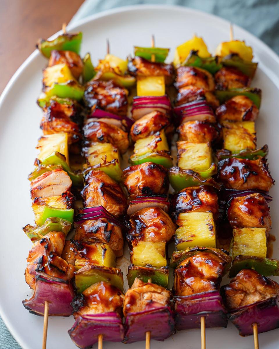 Amazing Hawaiian Chicken Kebabs 1-Hour Marinate 4 Close-up of grilled Hawaiian Chicken Kebabs with pineapple chunks, green bell peppers, and red onion.