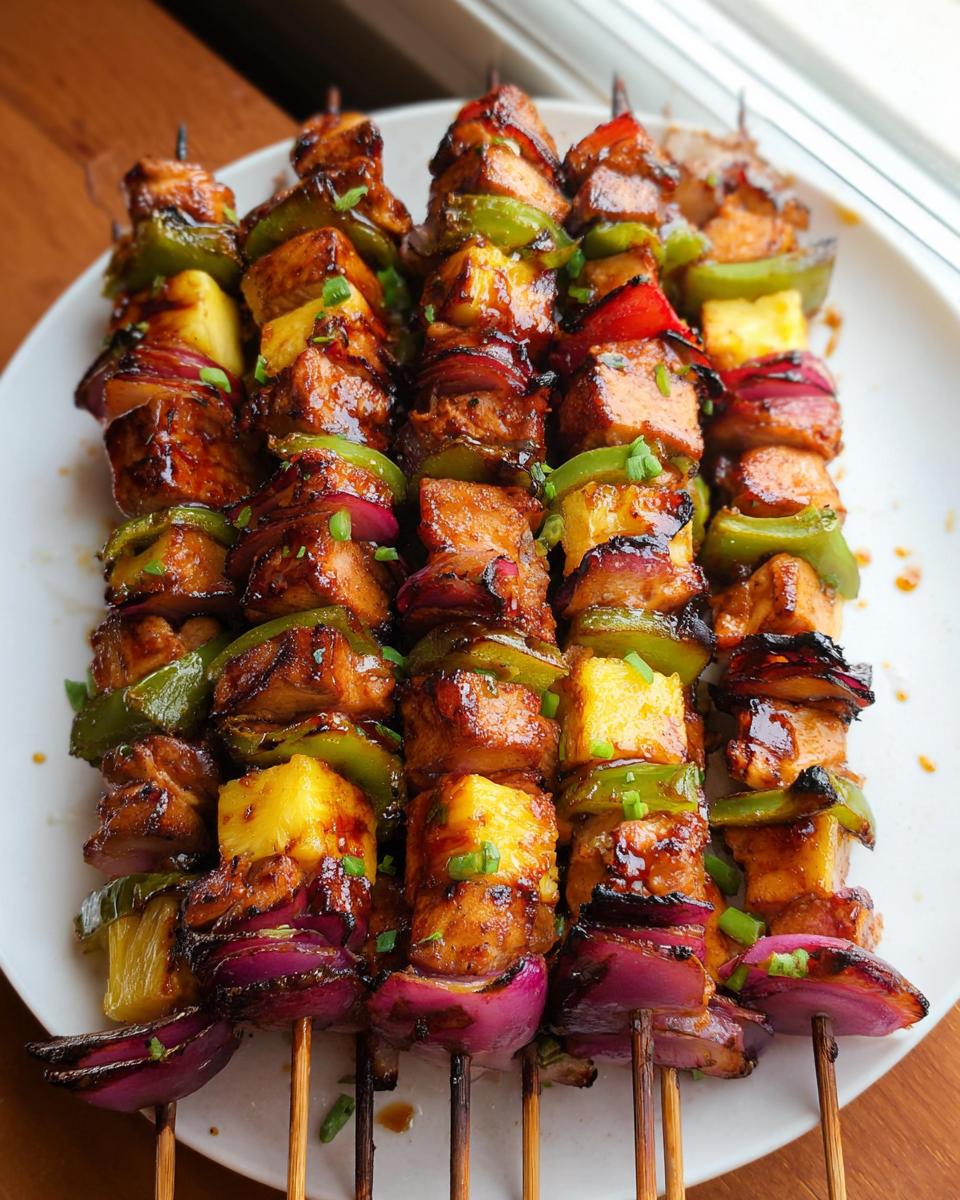 Amazing Hawaiian Chicken Kebabs 1-Hour Marinate 5 Close-up of grilled Hawaiian Chicken Kebabs with Pineapple, bell peppers, and red onion, glazed with a savory sauce.