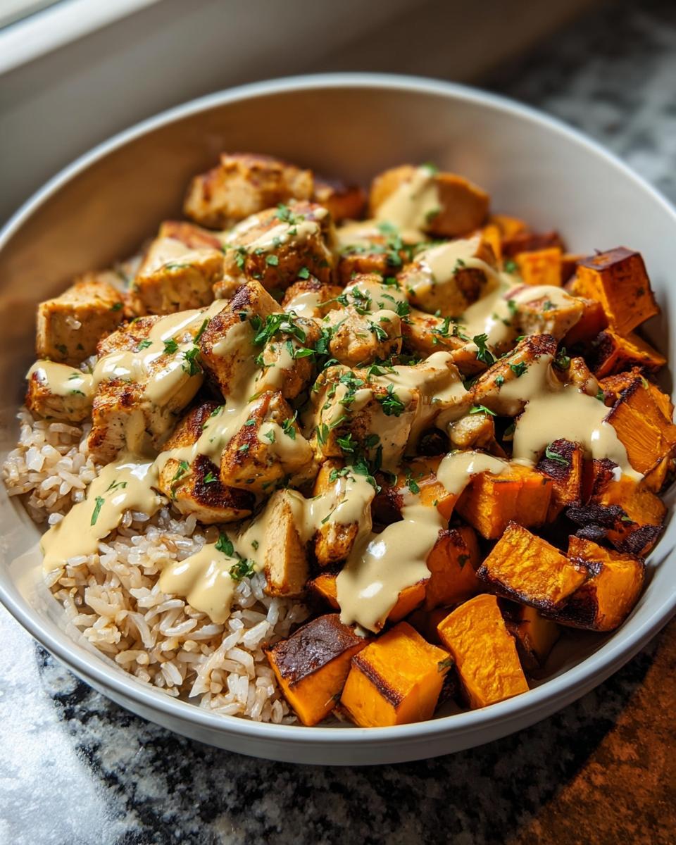 Amazing Healthy Chicken Sweet Potato Rice Bowl 4 A close-up view of a Healthy Chicken Sweet Potato Rice Bowl with brown rice, roasted sweet potatoes, grilled chicken, and a creamy sauce.