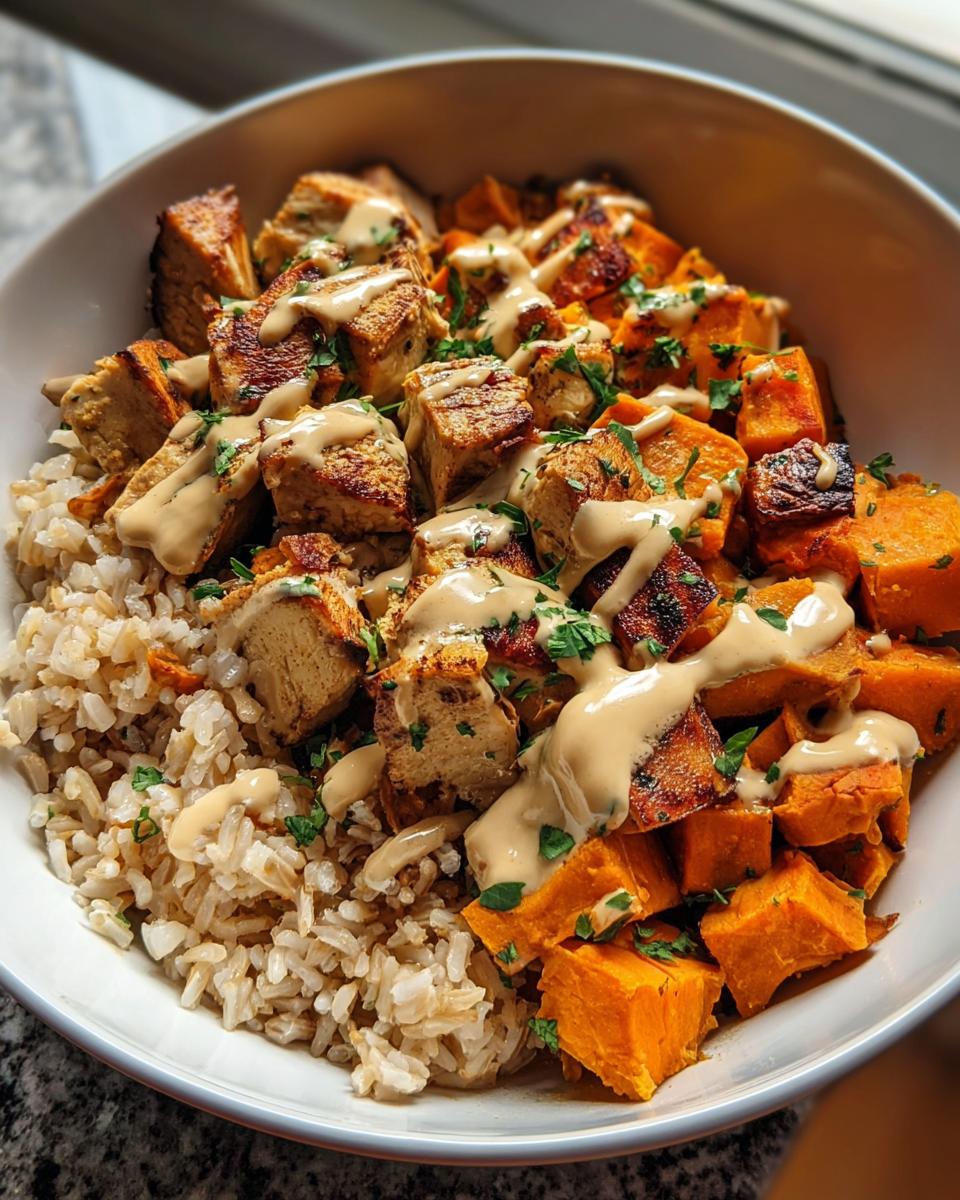 Amazing Healthy Chicken Sweet Potato Rice Bowl 5 A close-up view of a Healthy Chicken Sweet Potato Rice Bowl, featuring seasoned chicken, roasted sweet potatoes, and brown rice, drizzled with a creamy sauce and garnished with parsley.