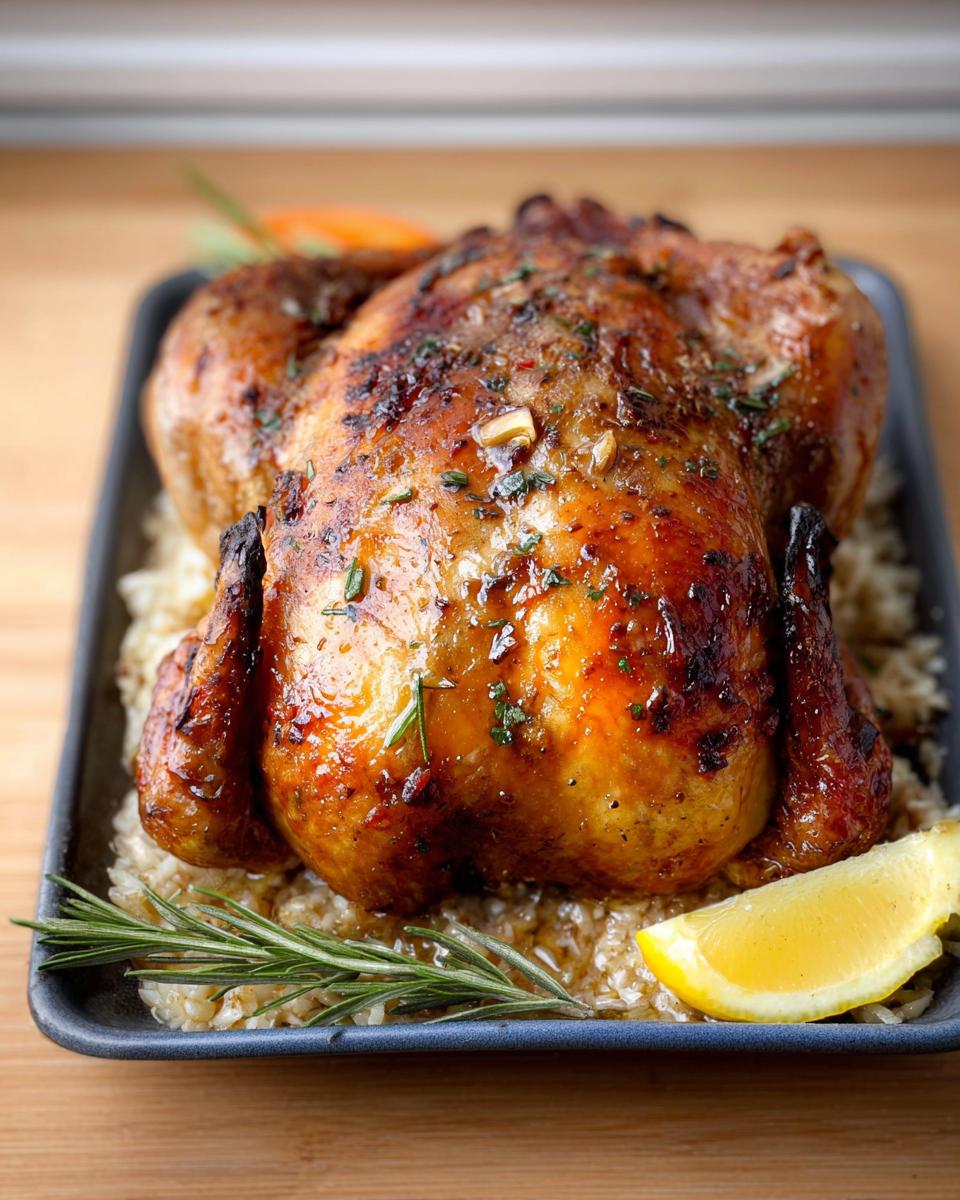 Tender Herb Butter Smoked Chicken: 1 Delicious Recipe 5 A perfectly roasted Herb Butter Smoked Chicken rests on a bed of rice, garnished with rosemary and a lemon slice.