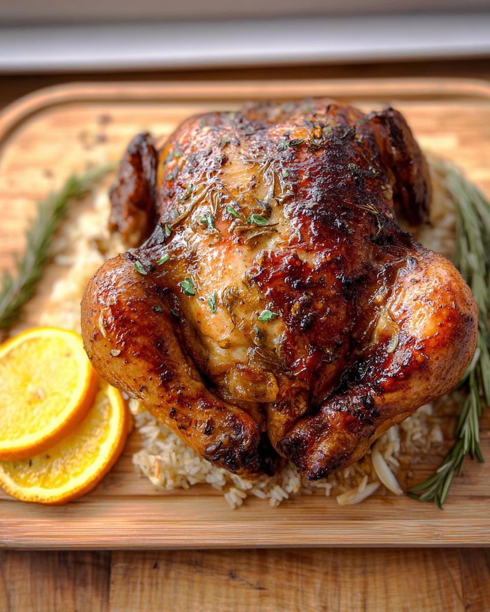 Tender Herb Butter Smoked Chicken: 1 Delicious Recipe 4 A beautifully roasted whole chicken, glistening with herb butter, served on a bed of rice with orange slices and rosemary sprigs.