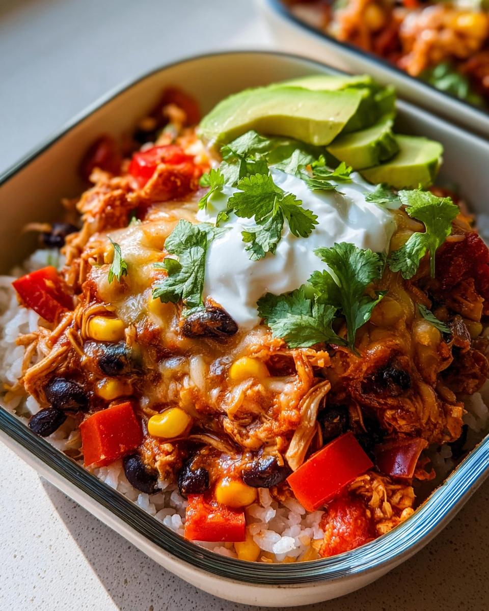 Amazing High Protein Chicken Enchilada Bowls 4 A close-up of a High Protein Chicken Enchilada Bowl topped with avocado, sour cream, and cilantro.