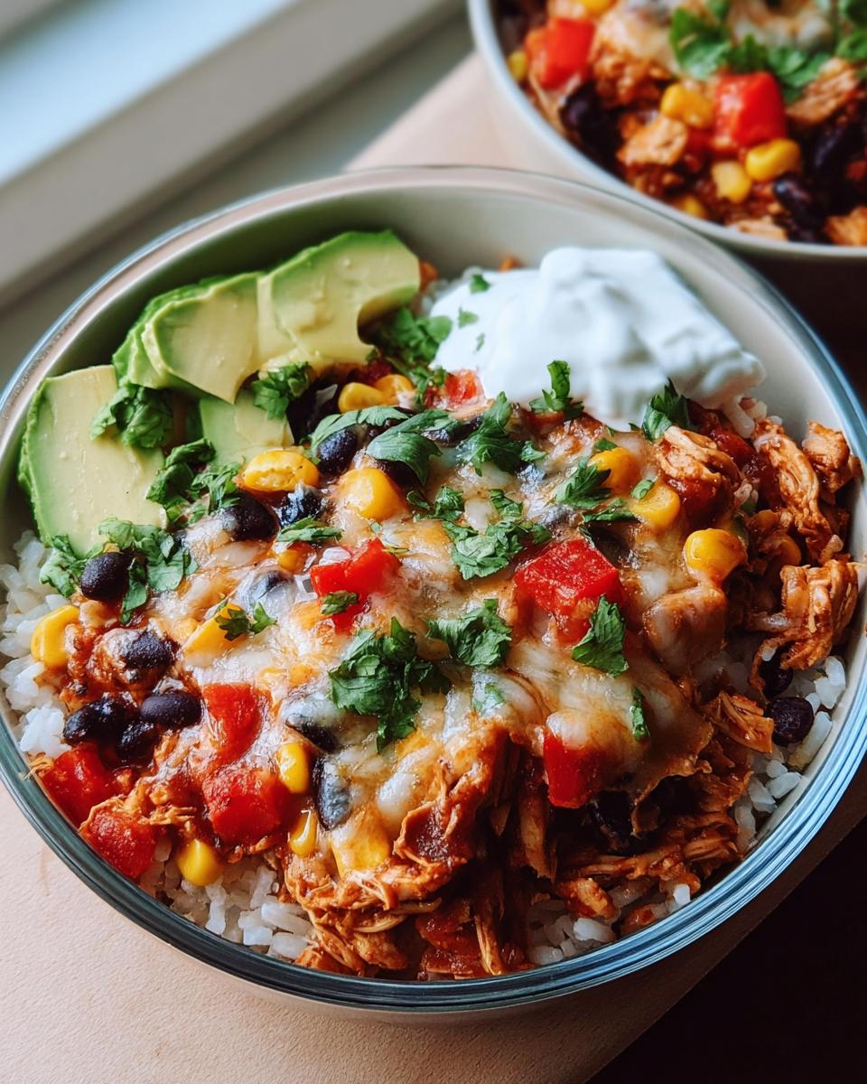 Amazing High Protein Chicken Enchilada Bowls 5 A close-up of a High Protein Chicken Enchilada Bowl filled with rice, shredded chicken, black beans, corn, tomatoes, melted cheese, avocado slices, and a dollop of sour cream.
