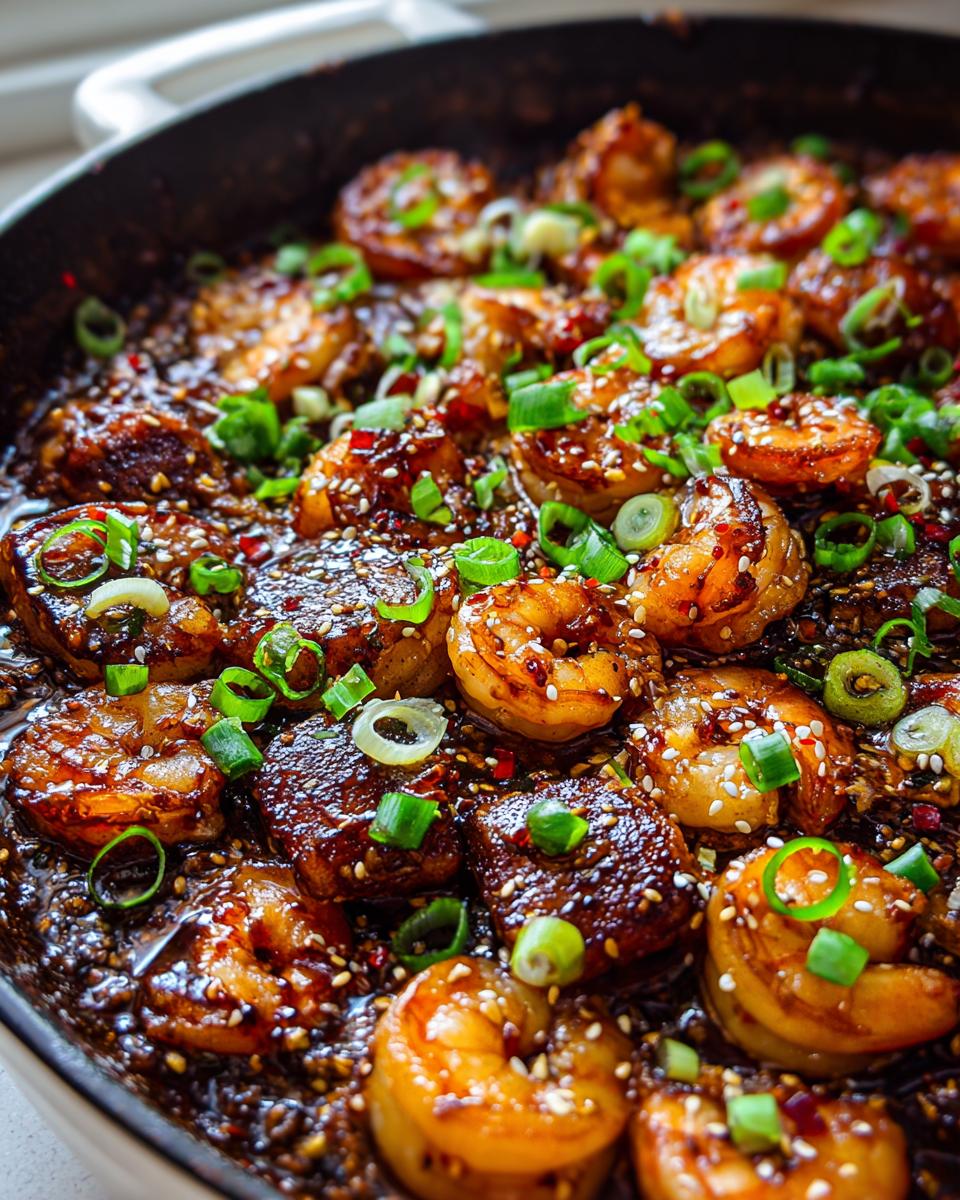 Fast High Protein Honey Garlic Shrimp Chicken 4 Close-up of glossy, glazed High Protein Honey Garlic Shrimp and Chicken pieces in a pan, garnished with sesame seeds and green onions.