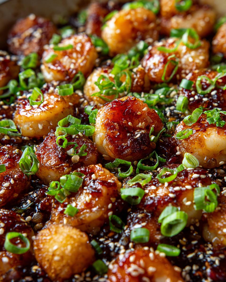 Fast High Protein Honey Garlic Shrimp Chicken 5 Close-up of glistening High Protein Honey Garlic Shrimp and Chicken, garnished with sesame seeds and chopped green onions.