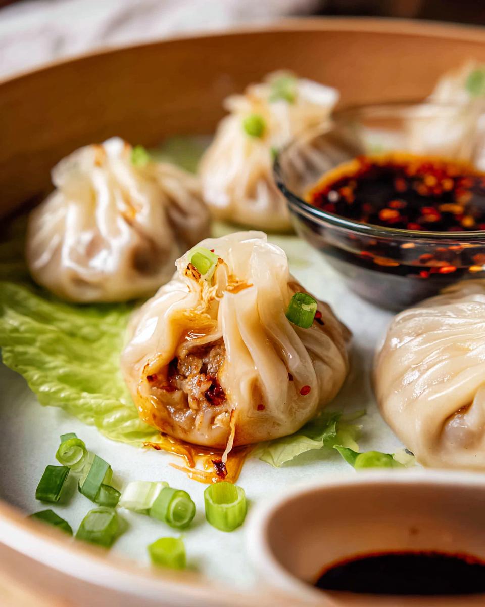 Amazing Homemade Steamed Chicken Dumplings 4 Close-up of delicious Homemade Steamed Chicken Dumplings, one with a bite taken out, served with soy dipping sauce and green onions.