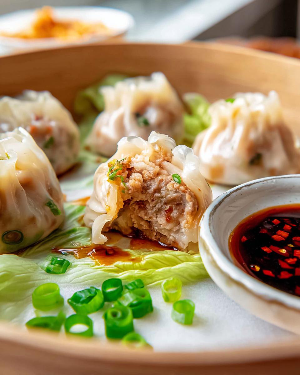 Amazing Homemade Steamed Chicken Dumplings 5 Close-up of delicious Homemade Steamed Chicken Dumplings, one is cut open showing the juicy filling, served with soy chili dipping sauce and green onions.