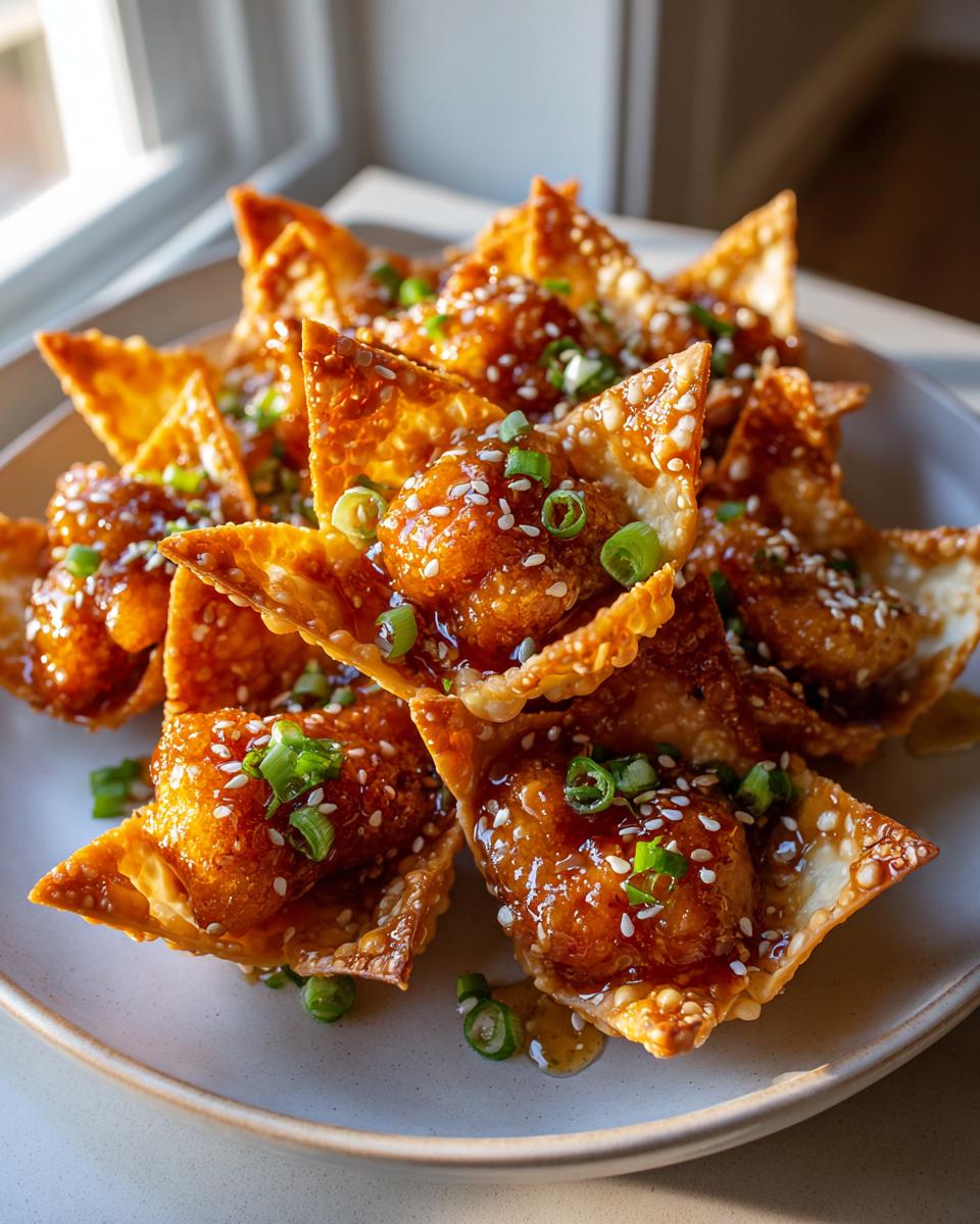 Amazing Honey Chicken Wonton Tacos 5 A close-up of Honey Chicken Wonton Tacos, featuring crispy wonton shells filled with glazed chicken pieces and topped with sesame seeds and green onions.
