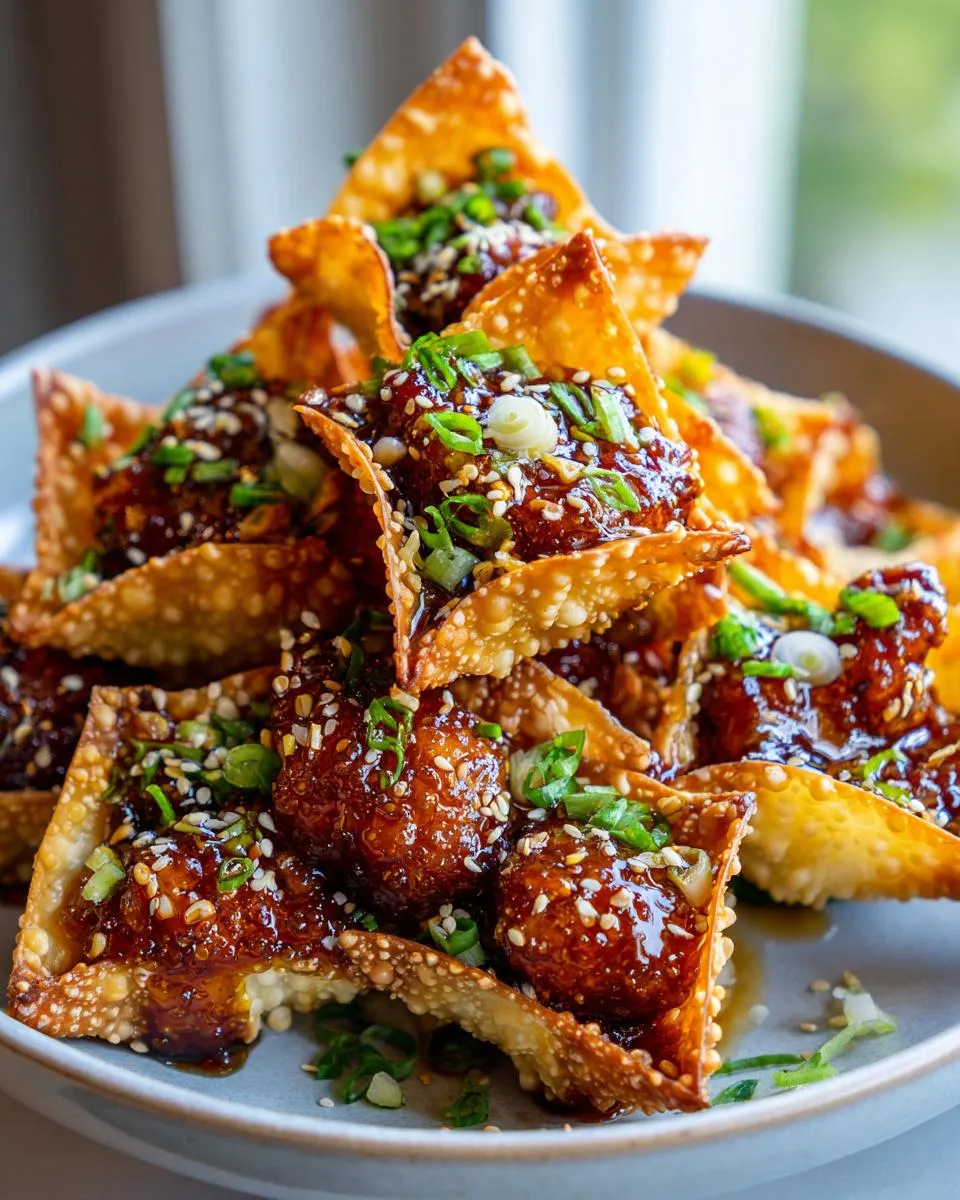 Amazing Honey Chicken Wonton Tacos 4 Close-up of Honey Chicken Wonton Tacos piled high, garnished with sesame seeds and green onions.