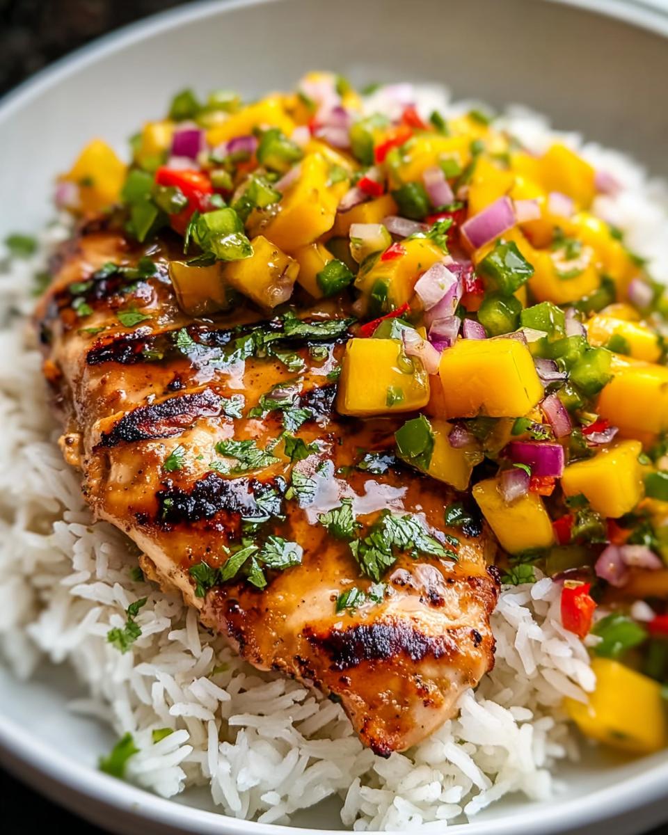 Sweet Honey Lime Chicken: 1 Amazing Meal 4 A close-up of grilled Honey Lime Chicken served over white rice, topped with a vibrant Fresh Mango Salsa.