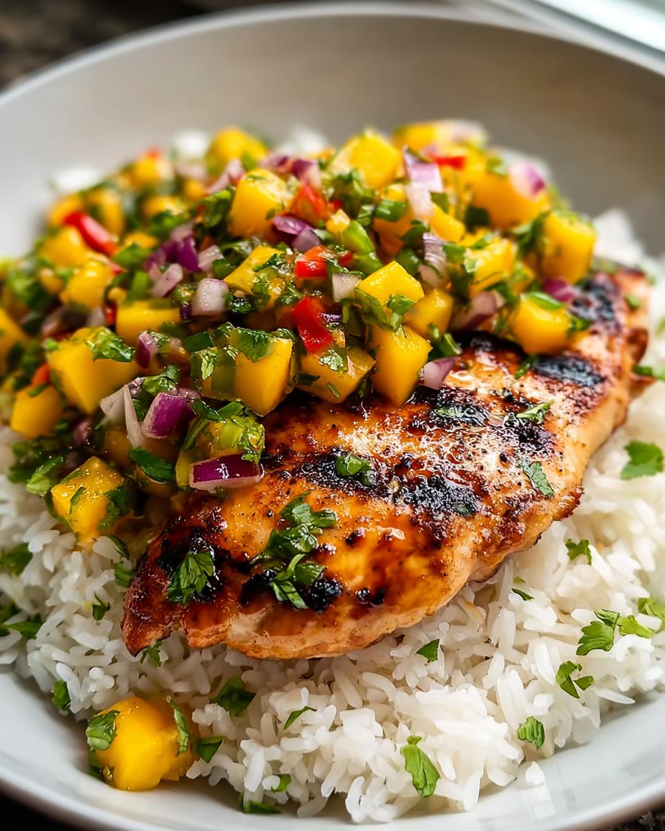 Sweet Honey Lime Chicken: 1 Amazing Meal 5 A close-up of Honey Lime Chicken served over white rice and topped with vibrant fresh mango salsa.
