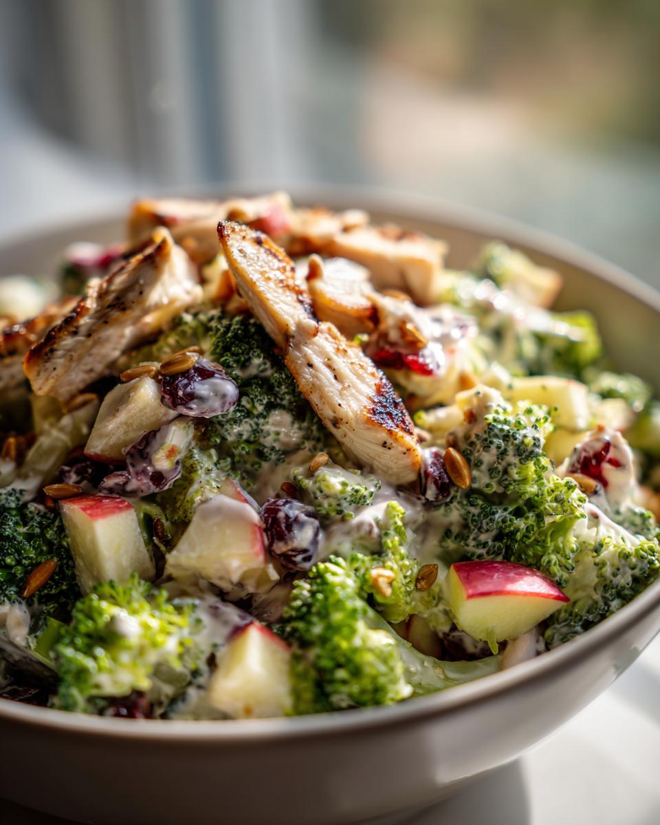 Amazing Honeycrisp Apple Broccoli Chicken Salad 4 A close-up view of a bowl filled with Honeycrisp Apple Broccoli Chicken Salad, featuring grilled chicken, broccoli florets, diced apples, and dried cranberries.