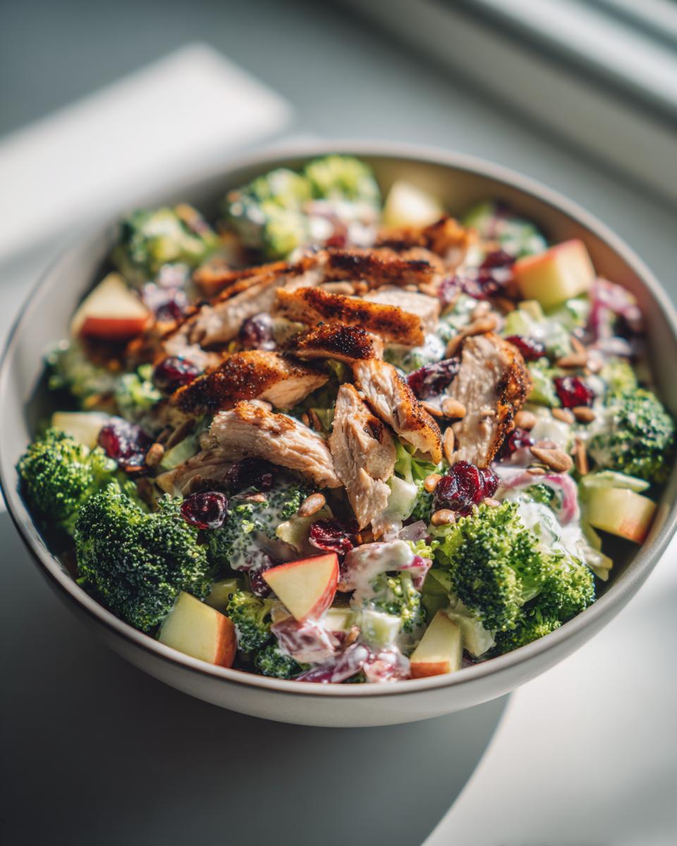 Amazing Honeycrisp Apple Broccoli Chicken Salad 5 A delicious bowl of Honeycrisp Apple Broccoli Chicken Salad with grilled chicken, fresh broccoli florets, diced apples, and cranberries.