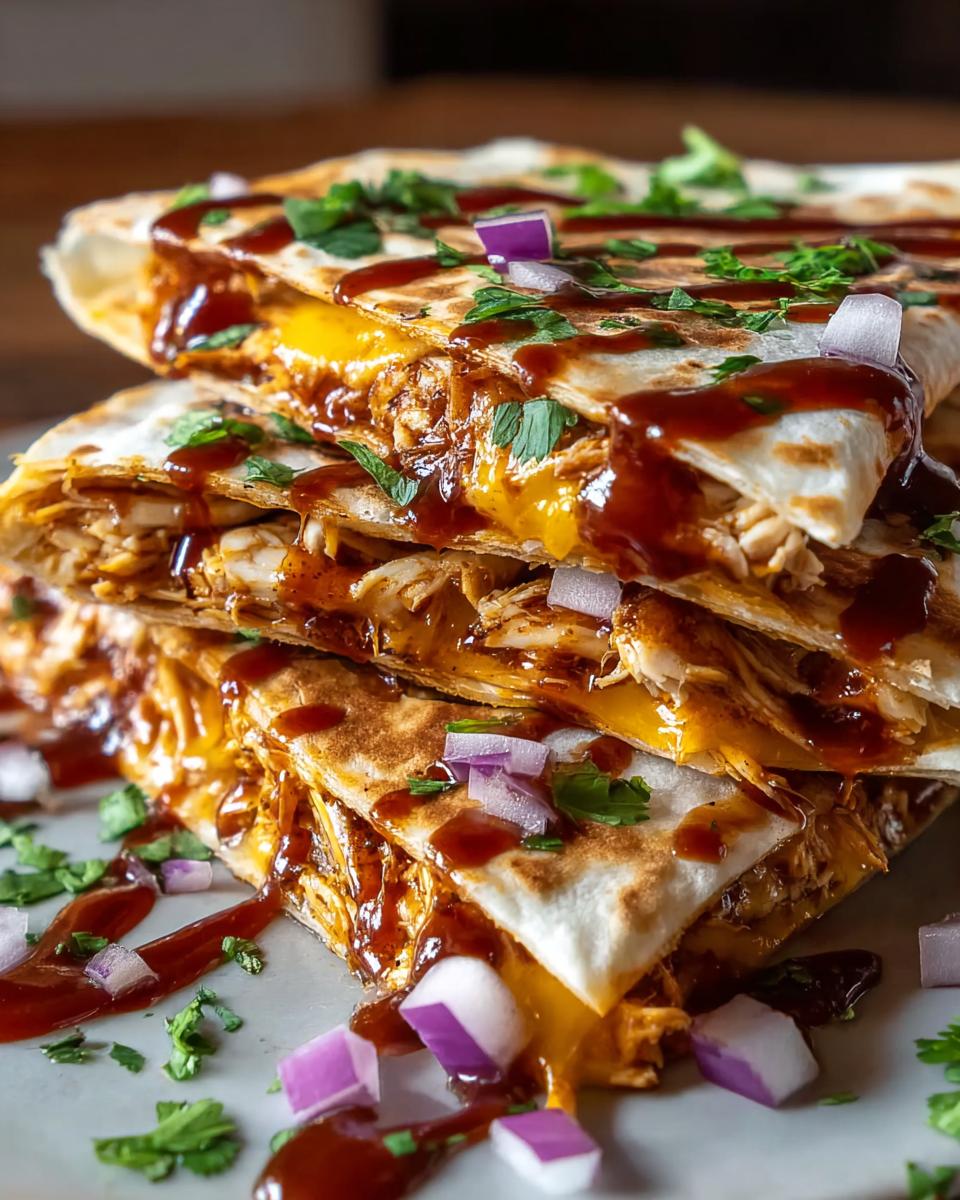 Amazing Hot Honey BBQ Chicken Quesadillas 4 A stack of delicious Hot Honey BBQ Chicken Quesadillas, drizzled with BBQ sauce and topped with fresh cilantro and red onion.