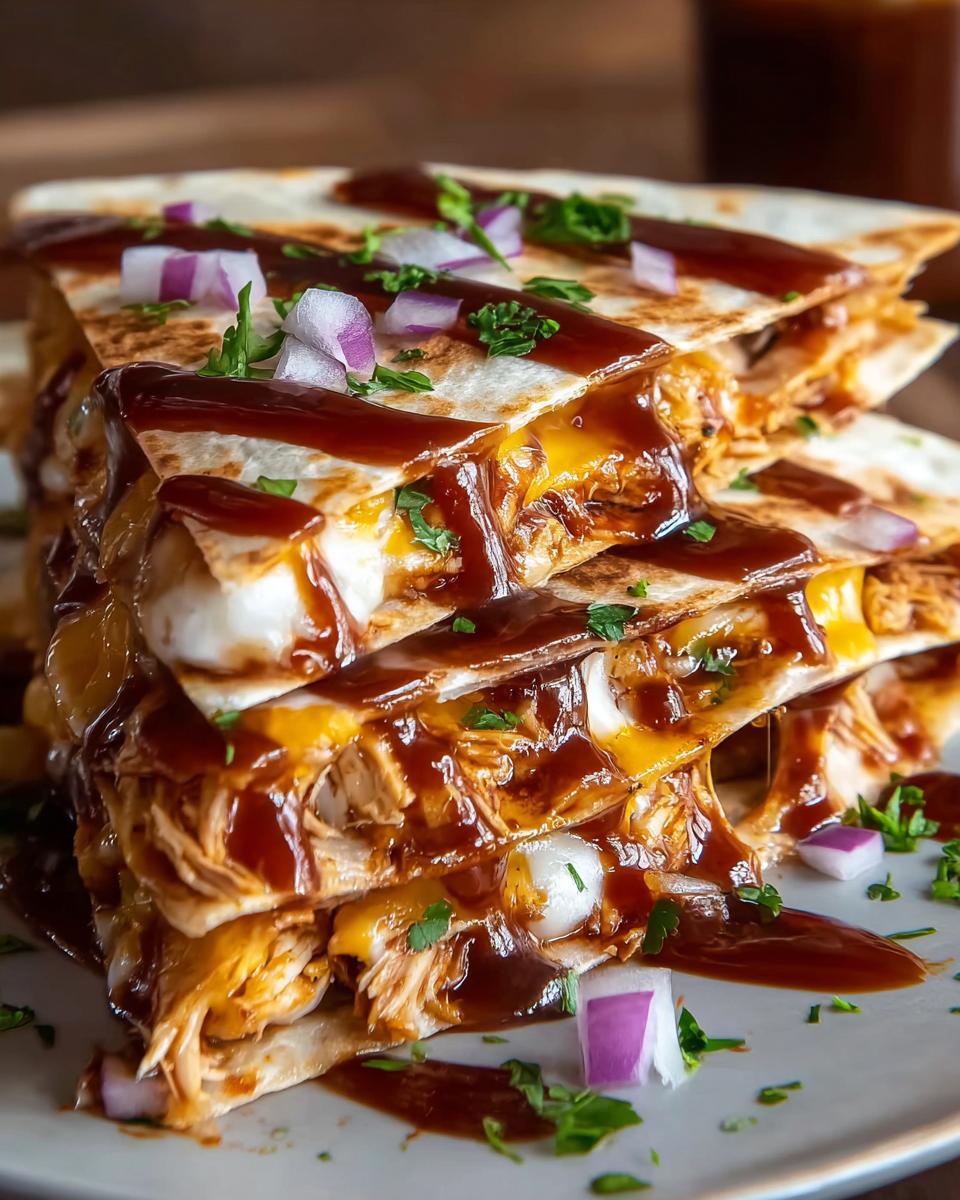 Amazing Hot Honey BBQ Chicken Quesadillas 5 A tall stack of Hot Honey BBQ Chicken Quesadillas, drizzled with BBQ sauce and topped with red onion and cilantro.