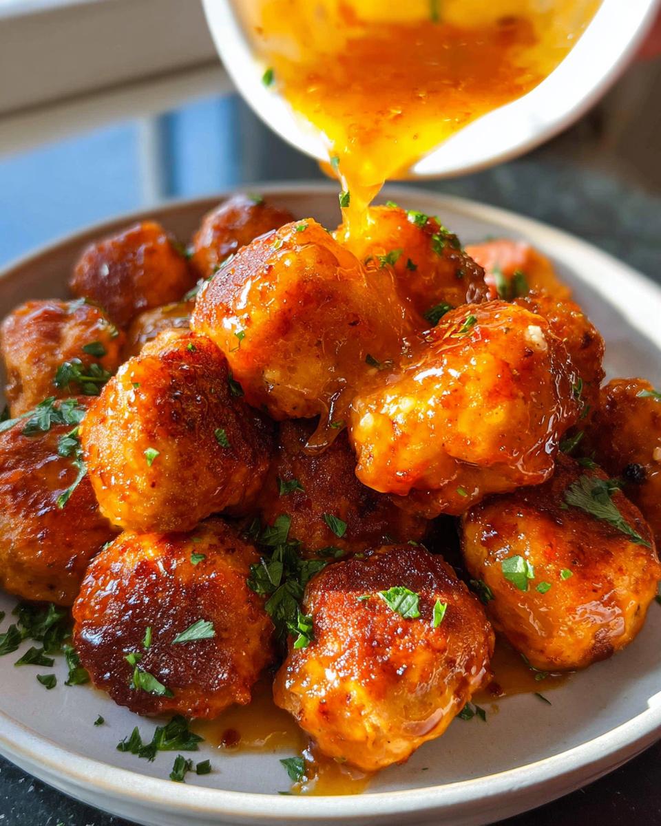 Amazing Hot Honey Chicken Meatballs Recipe 5 Pouring glaze over a pile of delicious Hot Honey Chicken Meatballs, garnished with fresh parsley.