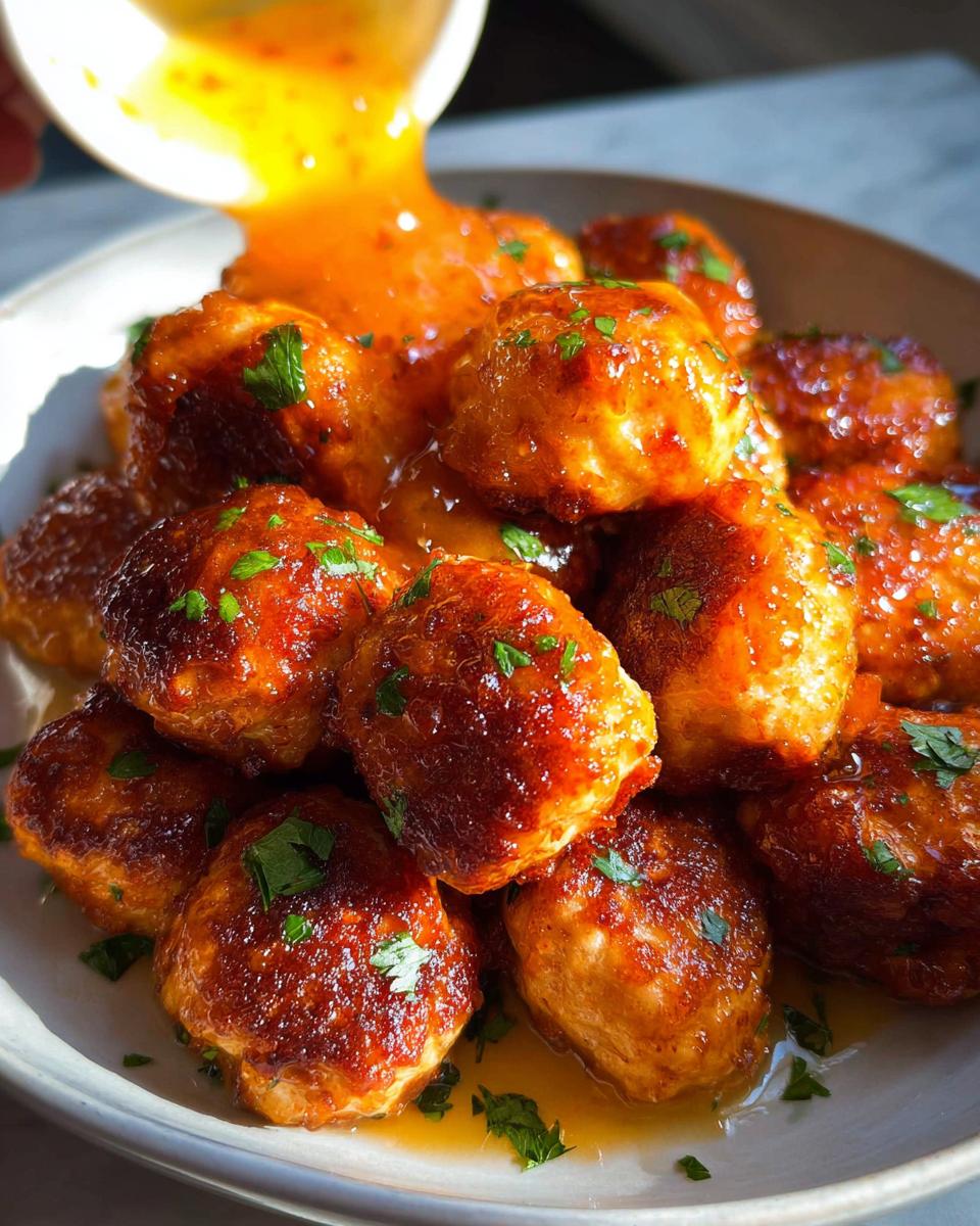 Amazing Hot Honey Chicken Meatballs Recipe 4 A close-up of a pile of glistening Hot Honey Chicken Meatballs being drizzled with sauce and garnished with parsley.