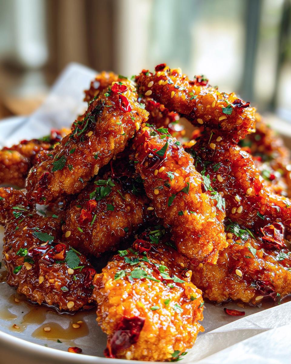 Perfect Hot Honey Chicken Tenders Recipe 2 Ways 4 Close-up of crispy, glazed hot honey chicken tenders sprinkled with sesame seeds and chili flakes.