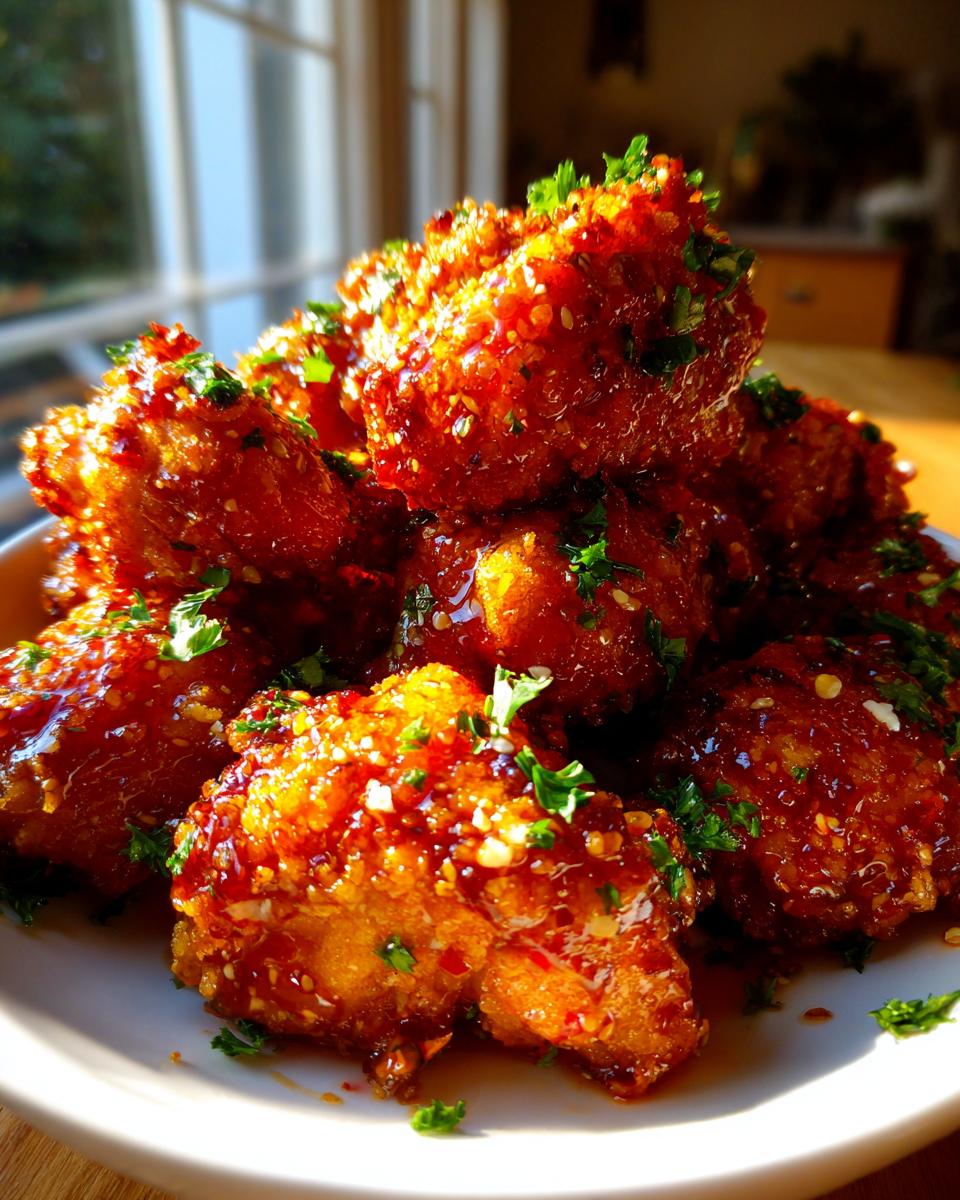 Perfect Hot Honey Chicken Tenders Recipe 2 Ways 5 A pile of crispy, glazed hot honey chicken tenders sprinkled with fresh parsley and sesame seeds.