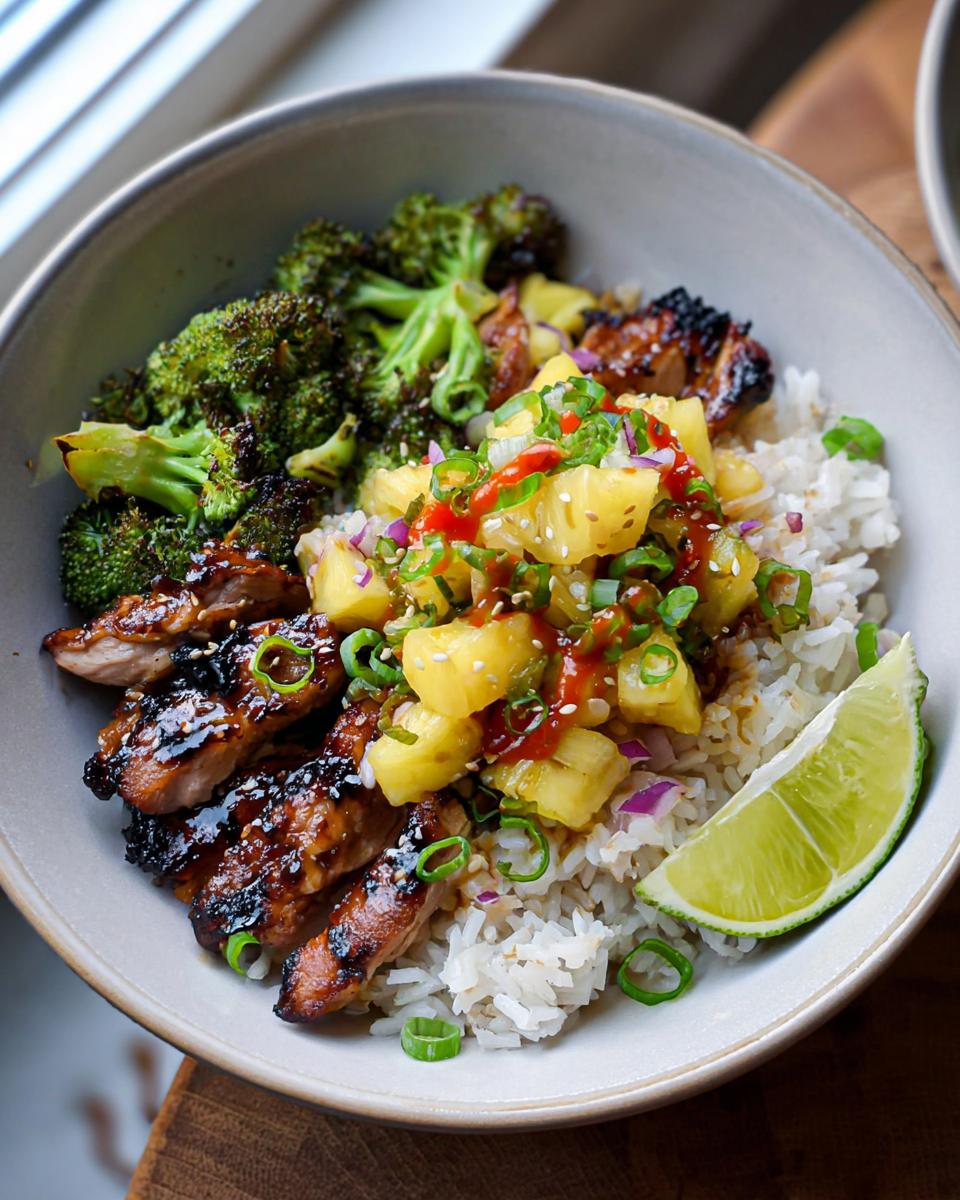 Amazing 30-Min Huli Huli Chicken Rice Bowls 5 A delicious Huli Huli Chicken Rice Bowl featuring grilled chicken, rice, roasted broccoli, pineapple salsa, and a lime wedge.