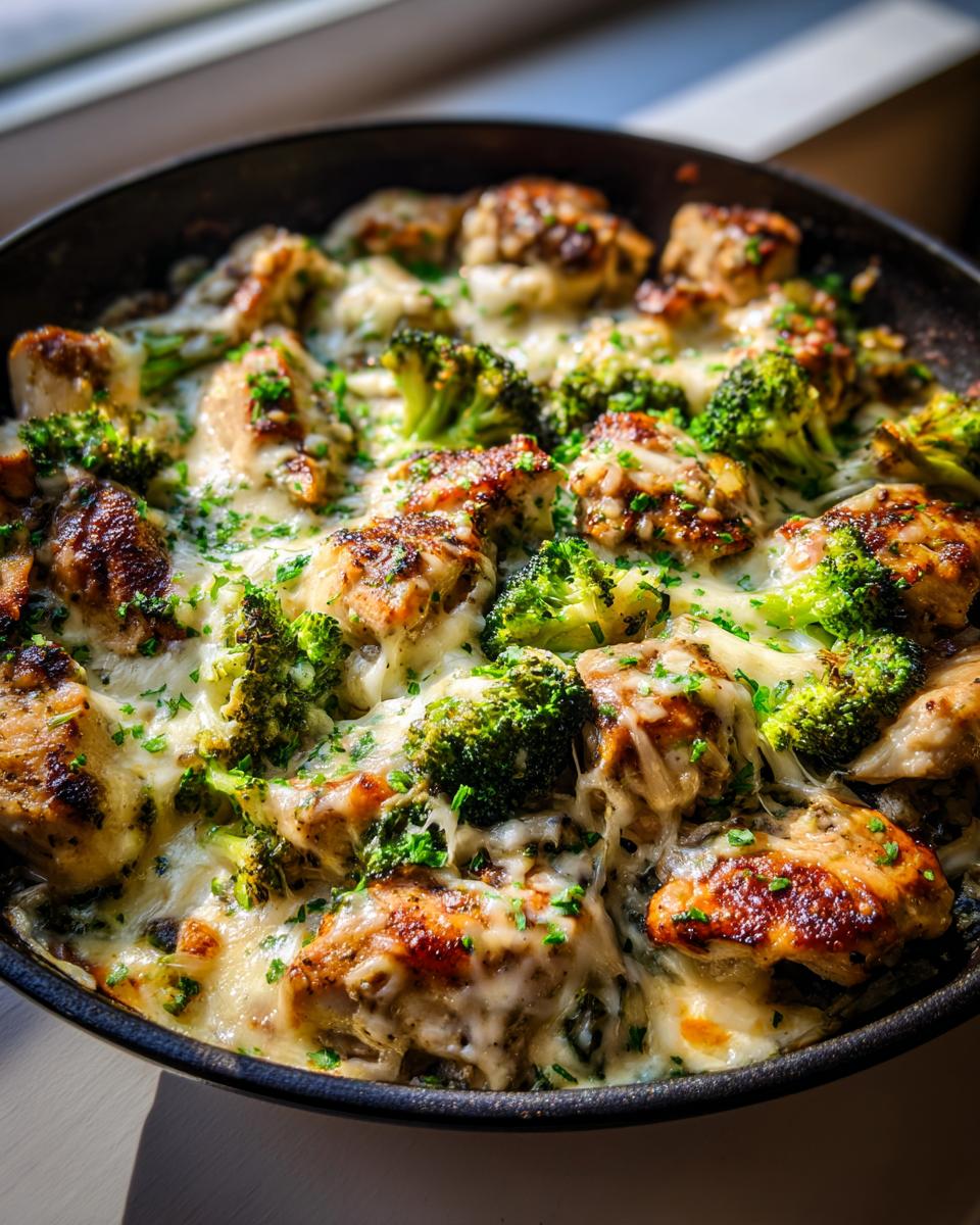 Amazing Keto Chicken Broccoli Skillet (30 Min) 5 Close-up of a Keto Chicken Broccoli Skillet, featuring golden-brown chicken pieces and vibrant broccoli florets covered in melted cheese and sprinkled with parsley.