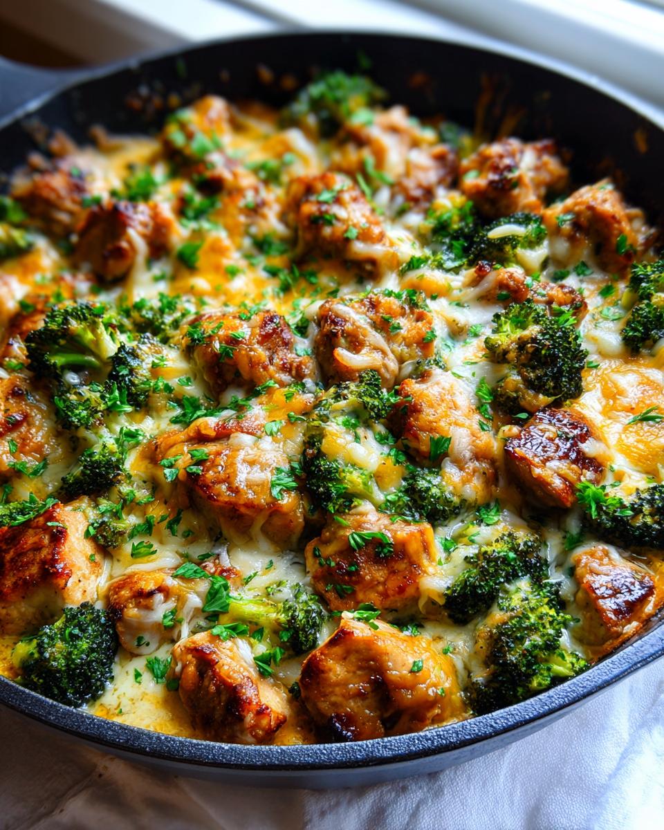 Amazing Keto Chicken Broccoli Skillet (30 Min) 4 A close-up of a Keto Chicken Broccoli Skillet dish, featuring golden-brown chicken pieces and vibrant broccoli florets covered in melted cheese and fresh parsley.