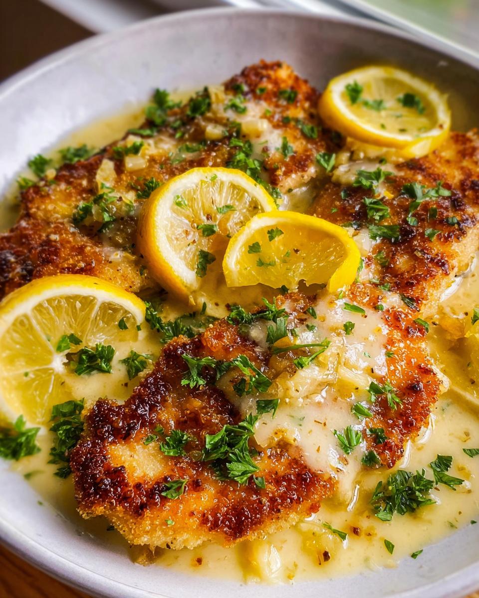 Amazing 30-Min Lemon Chicken Butter Sauce 4 Close-up of golden-brown Lemon Chicken with Creamy Lemon Butter Sauce, garnished with lemon slices and parsley.
