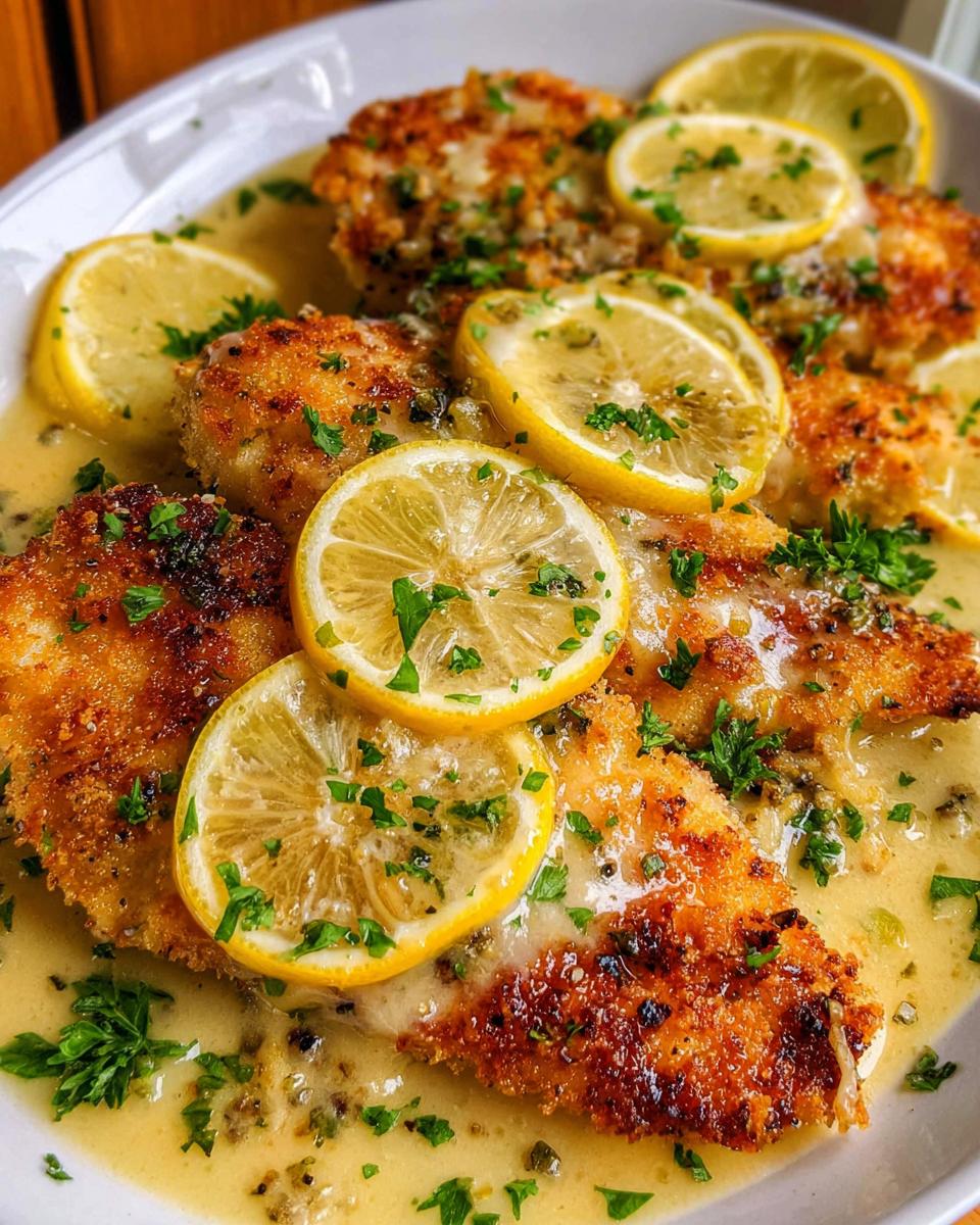 Amazing 30-Min Lemon Chicken Butter Sauce 5 Close-up of golden-brown Lemon Chicken with Creamy Lemon Butter Sauce, garnished with lemon slices and parsley.