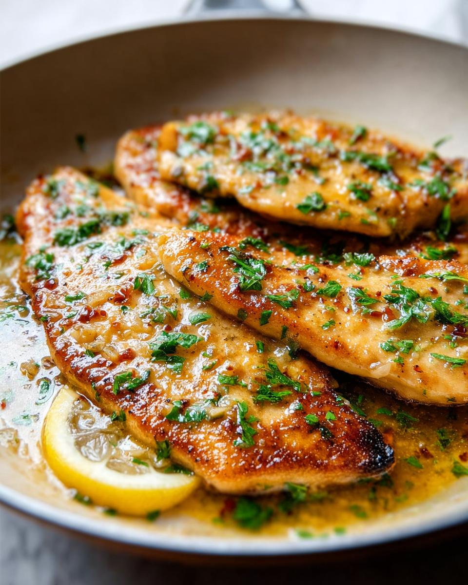 30-Min Lemon Chicken Scallopini Skillet 4 Close-up of golden-brown chicken cutlets in a lemon butter sauce, garnished with parsley, in a skillet. This is Lemon Chicken Scallopini Skillet.
