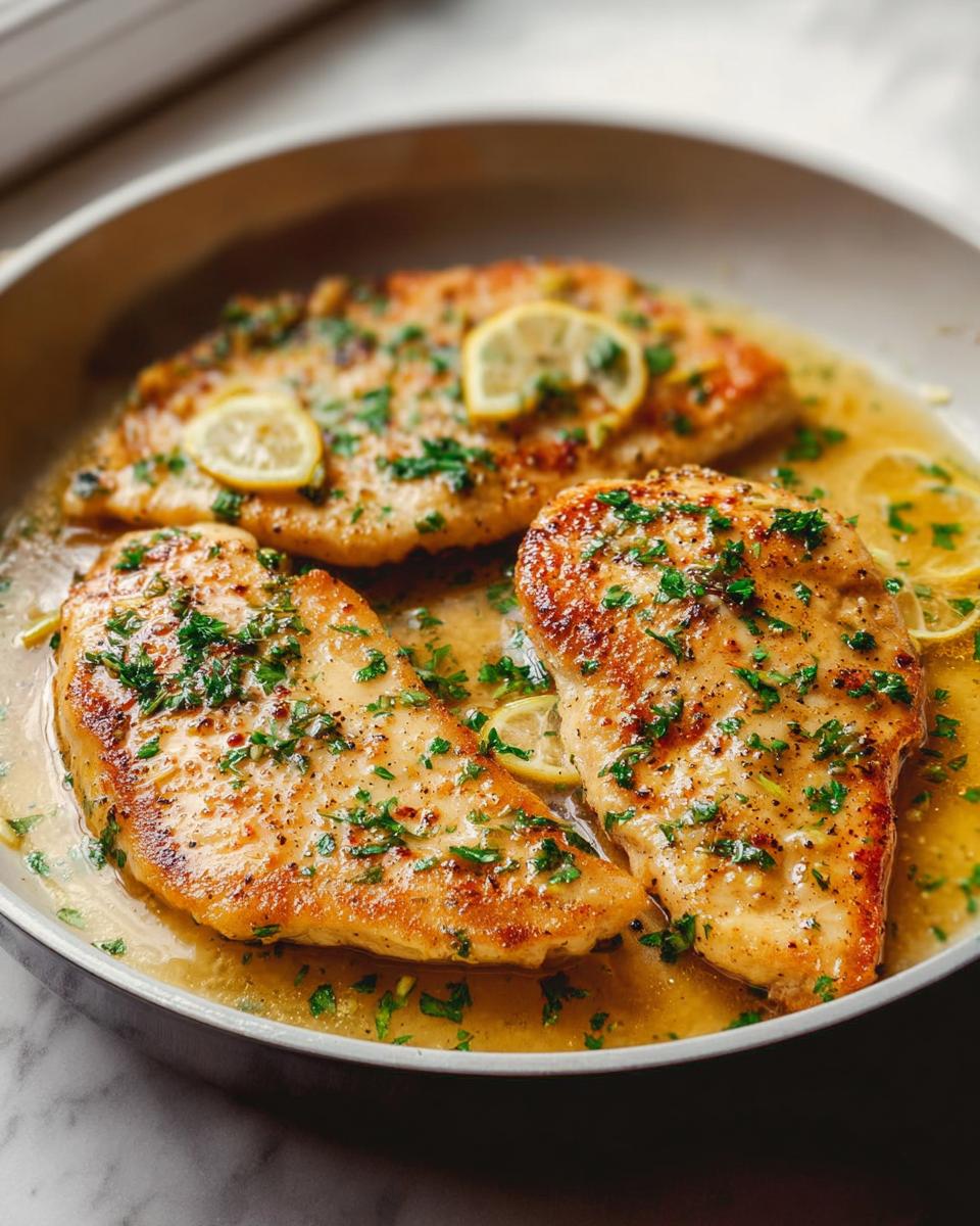 30-Min Lemon Chicken Scallopini Skillet 5 Close-up of golden-brown Lemon Chicken Scallopini Skillet in a pan, garnished with lemon slices and fresh parsley.