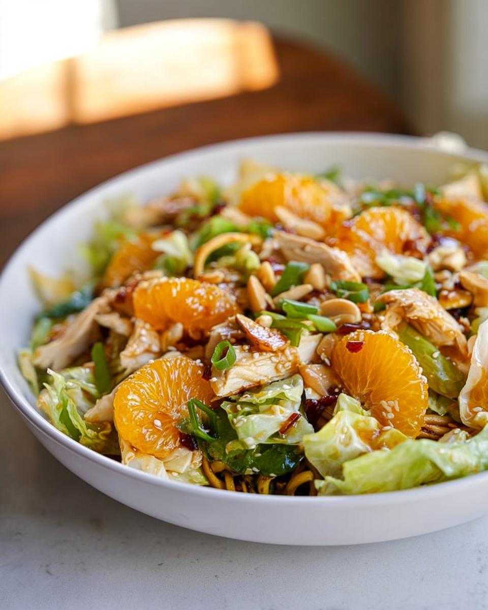 25 Min Mandarin Orange Chicken Salad 4 A vibrant bowl of Mandarin Orange Chicken Salad with shredded chicken, mandarin orange slices, lettuce, and sesame seeds.
