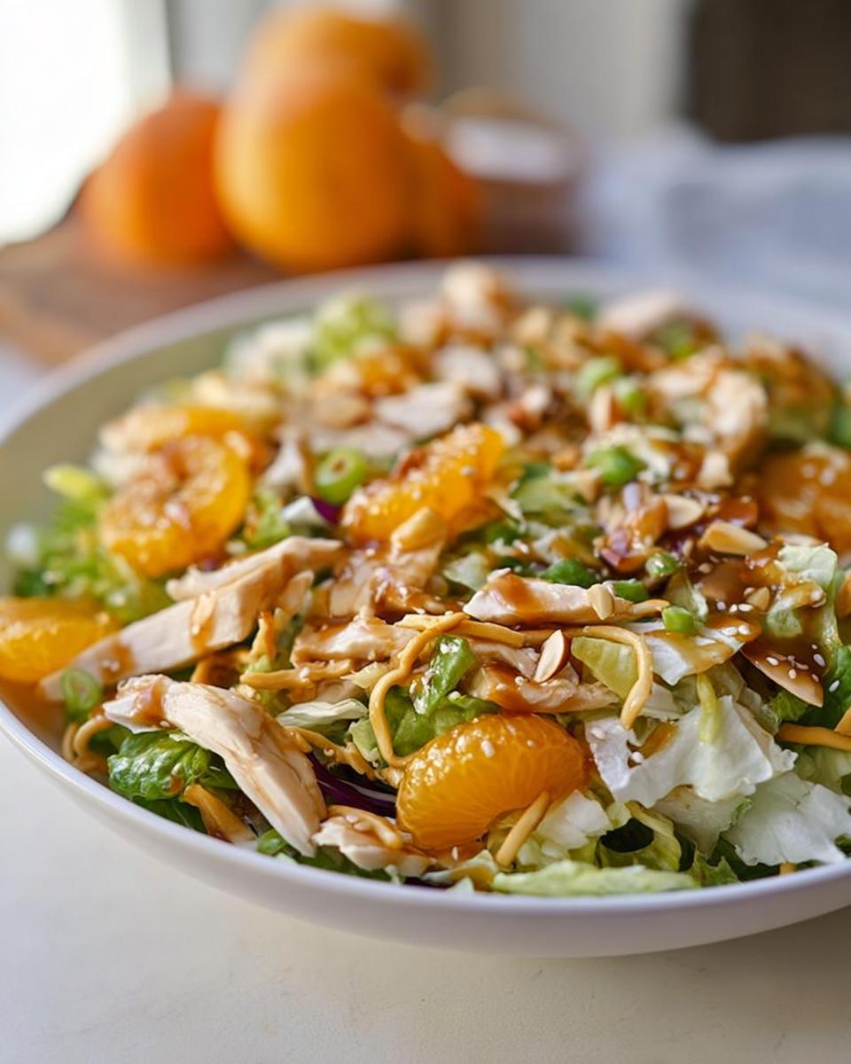 25 Min Mandarin Orange Chicken Salad 5 A close-up of a bowl of Mandarin Orange Chicken Salad with sesame dressing, topped with sliced chicken, mandarin oranges, and almonds.