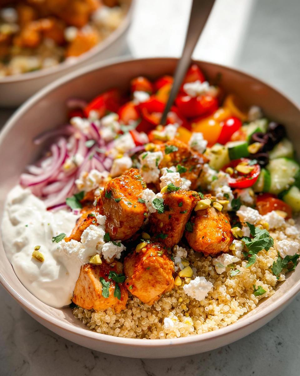 Amazing Mediterranean Chicken Quinoa Bowl Recipe 4 Close-up of a Mediterranean Chicken Quinoa Bowl with seasoned chicken, quinoa, tomatoes, cucumber, red onion, feta, and yogurt sauce.