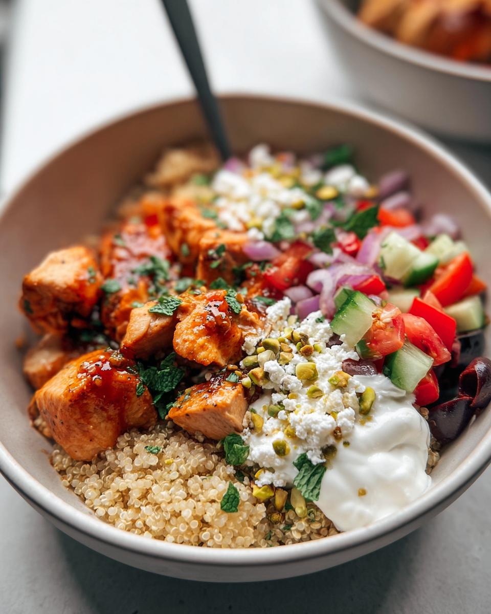 Amazing Mediterranean Chicken Quinoa Bowl Recipe 5 A vibrant Mediterranean Chicken Quinoa Bowl Recipe with grilled chicken, quinoa, feta cheese, cucumber, tomato, red onion, and mint.