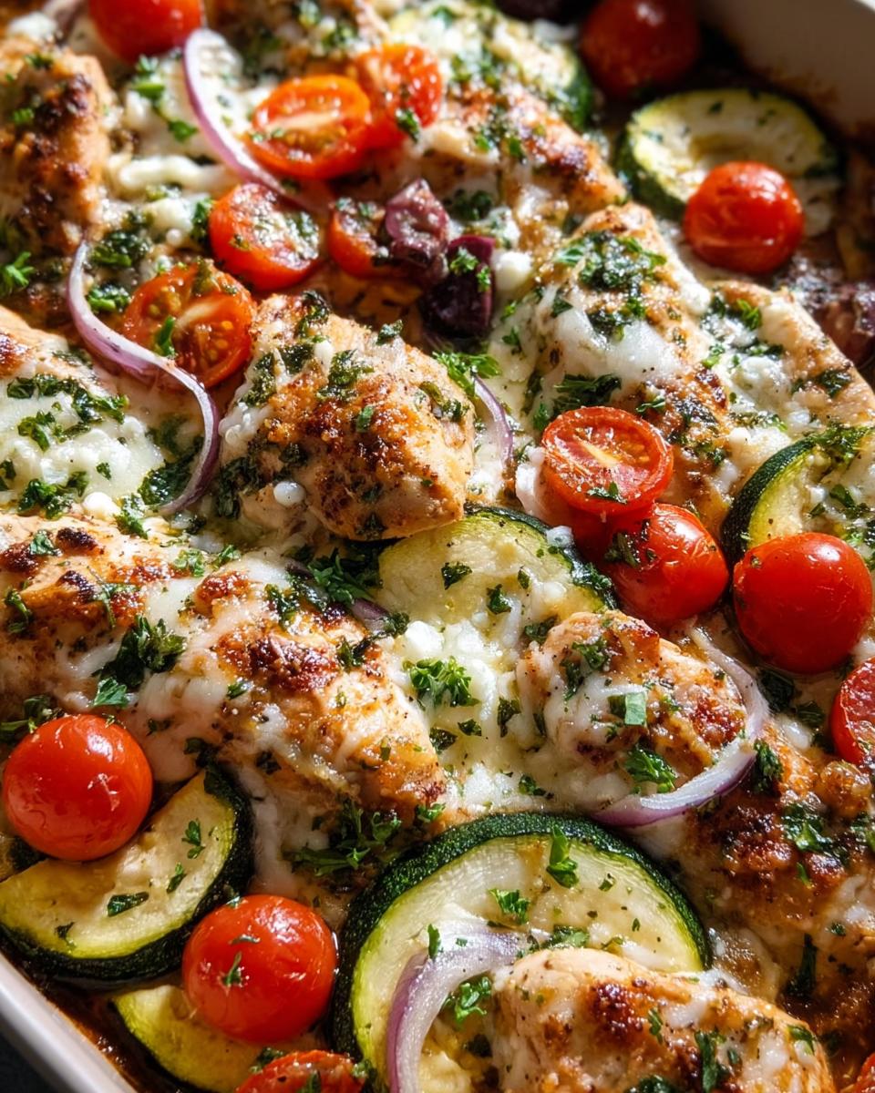 Amazing Mediterranean Chicken Zucchini Bake 2 Ways 5 Close-up of Mediterranean Chicken Zucchini Bake with melted cheese, cherry tomatoes, zucchini slices, and red onion.