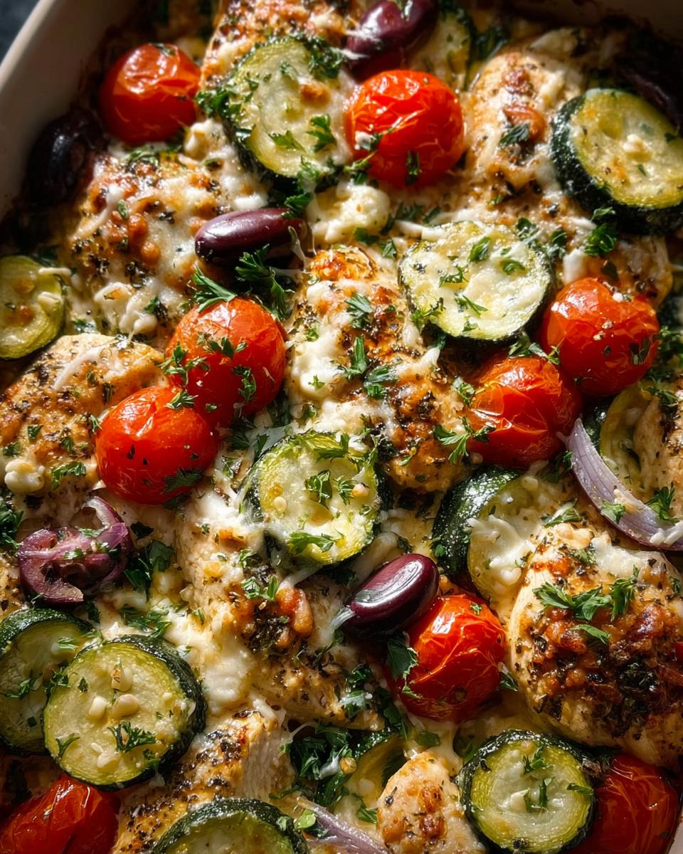 Amazing Mediterranean Chicken Zucchini Bake 2 Ways 4 Close-up of a Mediterranean Chicken Zucchini Bake Recipe with chicken, zucchini, cherry tomatoes, olives, and melted cheese.