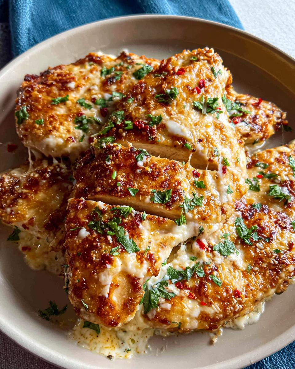 Amazing Melt in Your Mouth Chicken Recipe 35 4 Close-up of golden-brown chicken breasts topped with melted cheese and fresh parsley, part of a Melt in Your Mouth Chicken Recipe.