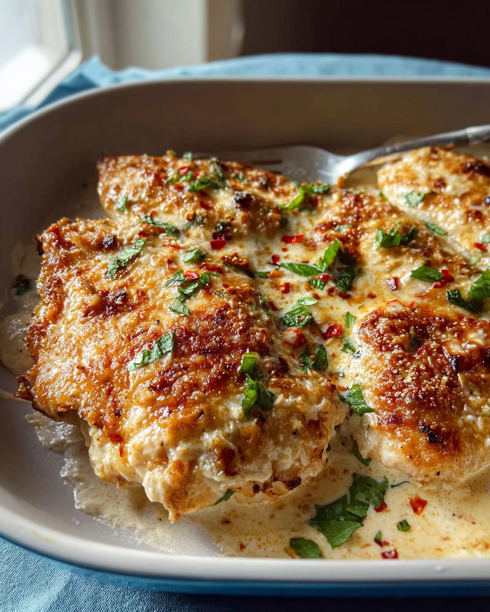 Amazing Melt in Your Mouth Chicken Recipe 35 5 Close-up of baked chicken breasts covered in creamy sauce, topped with herbs and chili flakes. A fork is visible.