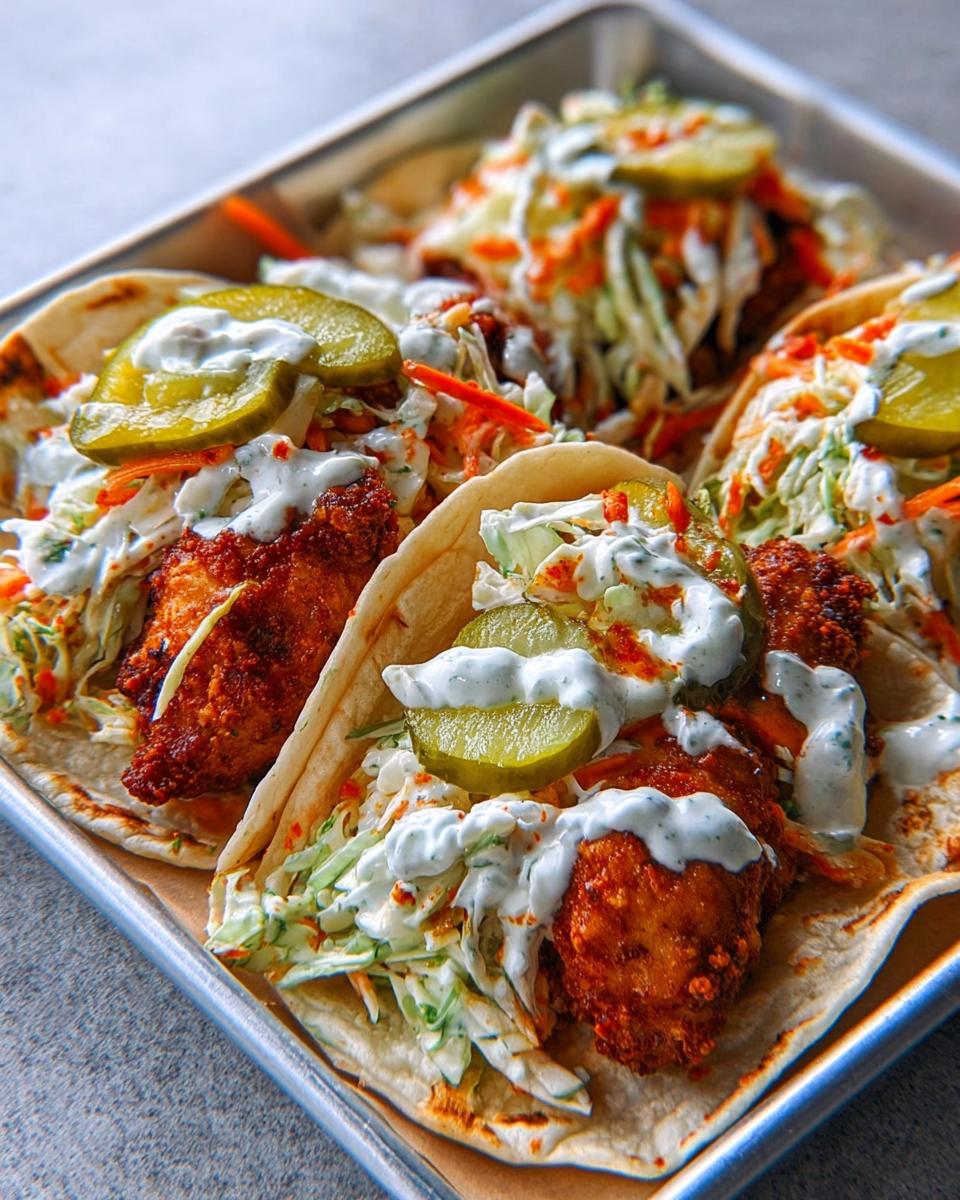 Bold Nashville Hot Chicken Tacos: 12 Flavorful Bites 4 Close-up of Nashville Hot Chicken Tacos topped with creamy slaw, pickles, and a drizzle of sauce.