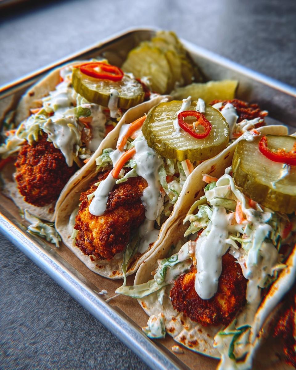 Bold Nashville Hot Chicken Tacos: 12 Flavorful Bites 5 Close-up of three Nashville Hot Chicken Tacos filled with crispy fried chicken, creamy slaw, and pickles.