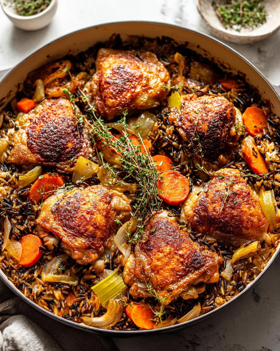 Amazing One Pan Herby Chicken and Wild Rice Skillet 4 Close-up of a One Pan Herby Chicken and Wild Rice Skillet with golden-brown chicken thighs, wild rice, carrots, and onions, garnished with fresh thyme.