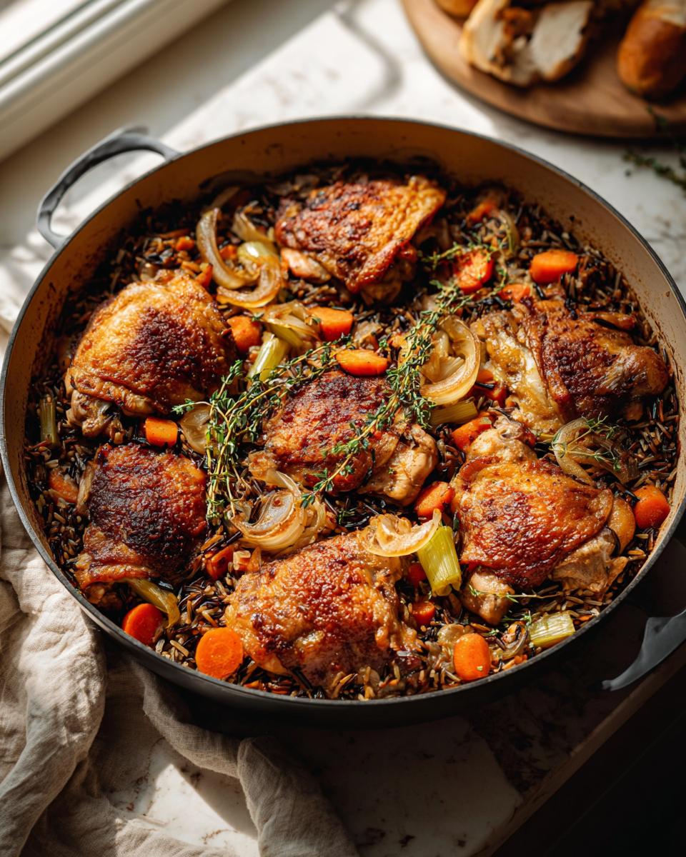 Amazing One Pan Herby Chicken and Wild Rice Skillet 5 Close-up of a rustic One Pan Herby Chicken and Wild Rice Skillet with golden-brown chicken thighs, wild rice, carrots, and onions.