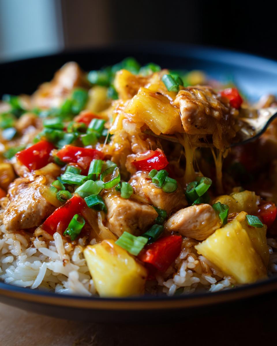 Amazing One Pan Pineapple Chicken and Rice 4 A fork lifting a cheesy bite of One Pan Pineapple Chicken and Rice, showing tender chicken, sweet pineapple chunks, and red bell peppers.