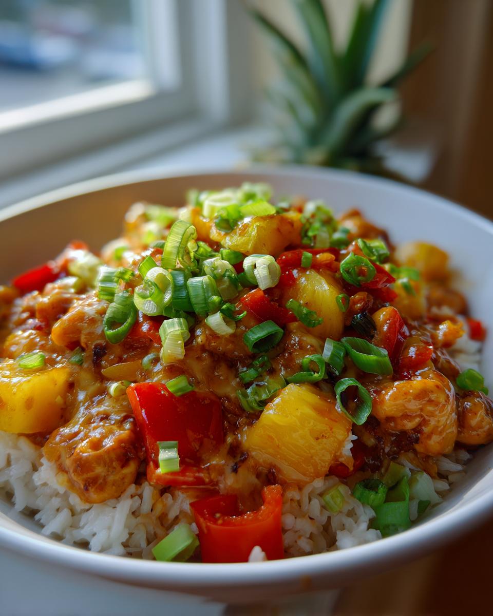 Amazing One Pan Pineapple Chicken and Rice 5 A close-up of a bowl of One Pan Pineapple Chicken and Rice, topped with green onions and red bell peppers.
