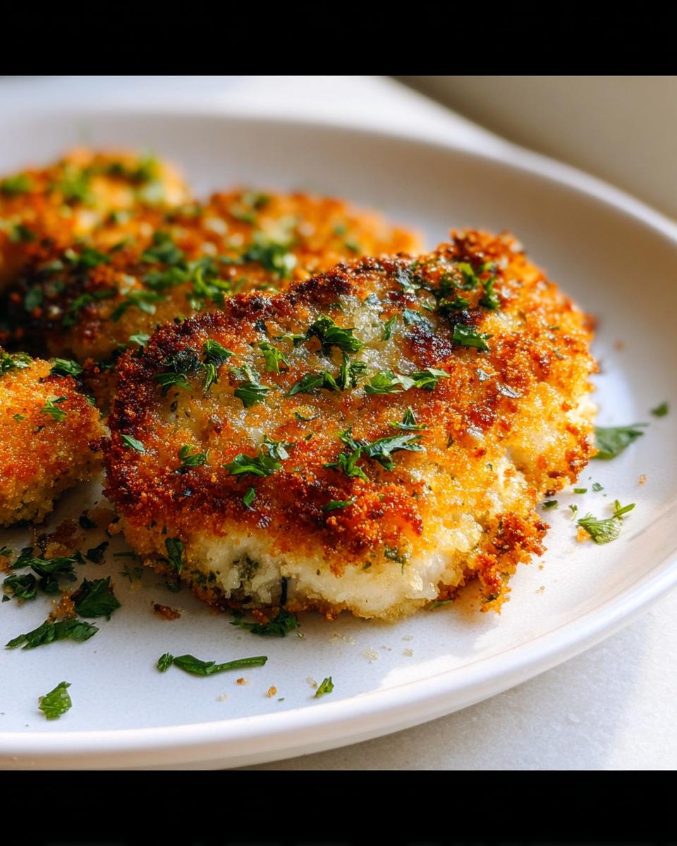 Amazing Oven Baked Parmesan Crusted Chicken 4 Close-up of golden brown Oven Baked Parmesan Crusted Chicken patties garnished with fresh parsley on a white plate.