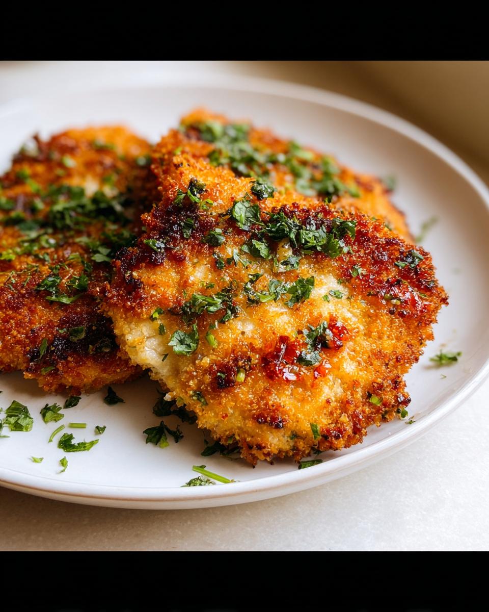Amazing Oven Baked Parmesan Crusted Chicken 5 Close-up of golden brown Oven Baked Parmesan Crusted Chicken topped with fresh parsley.