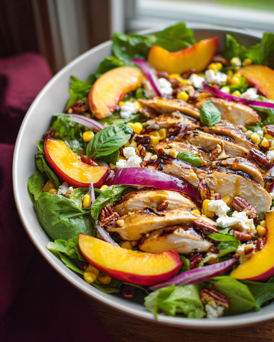 Sensational Peach Chicken Salad with Honey Vinaigrette 4 Close-up of Peach Chicken Salad with Honey Vinaigrette, featuring grilled chicken, fresh peaches, corn, red onion, and crumbled cheese.