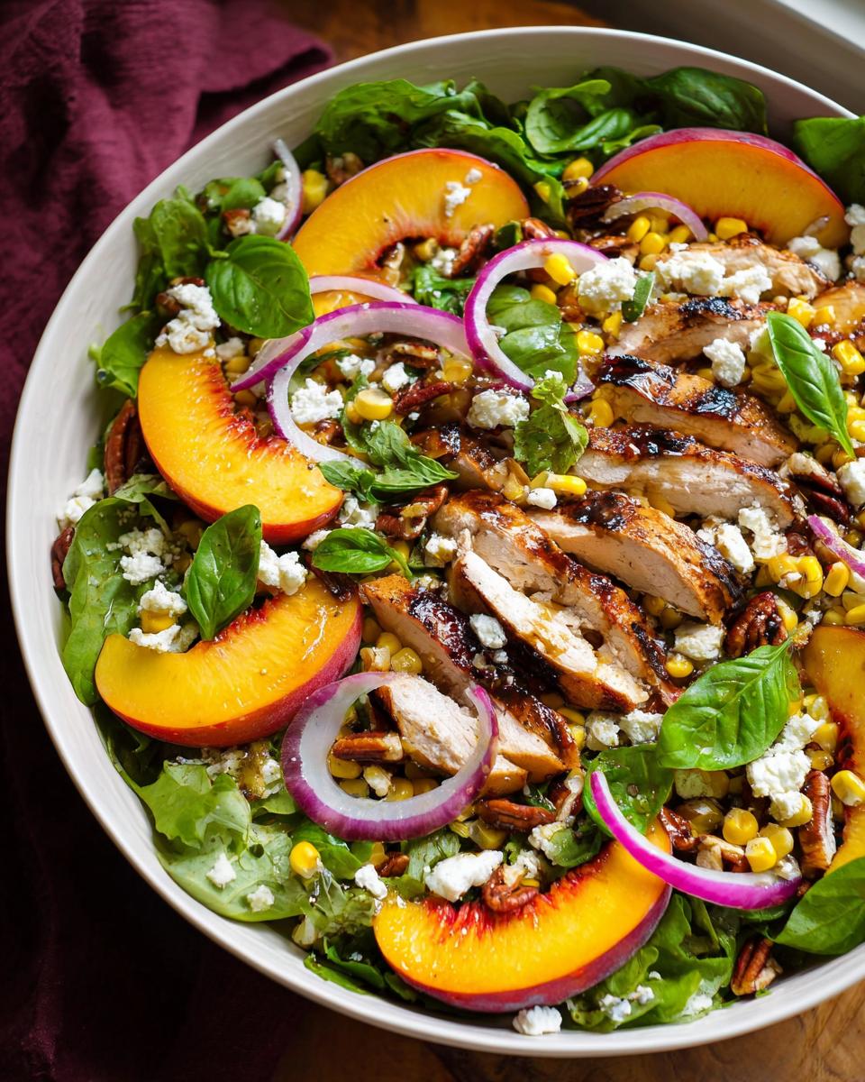 Sensational Peach Chicken Salad with Honey Vinaigrette 5 A vibrant Peach Chicken Salad with Honey Vinaigrette, featuring grilled chicken, fresh peaches, corn, red onion, and feta cheese.