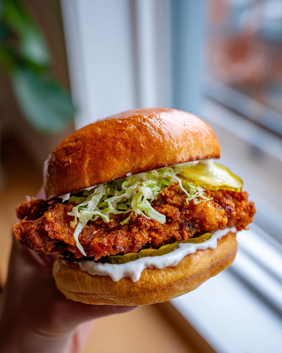 Amazing Pickle-Brine Chicken Sandwiches Recipe 4 A close-up of a delicious Pickle-Brine Chicken Sandwich with crispy fried chicken, shredded lettuce, pickles, and sauce on a brioche bun.